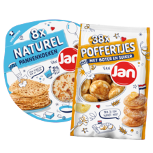 Jan pannenkoeken naturel
pak à 8 stuks, pancakes
naturel pak à 6 stuks,
of poffertjes met boter
en suiker pak à 38 stuks